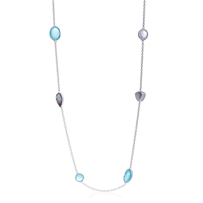 Collar Penélope multi-piedra plata: Ónix Pariba, labradorita y piedra luna