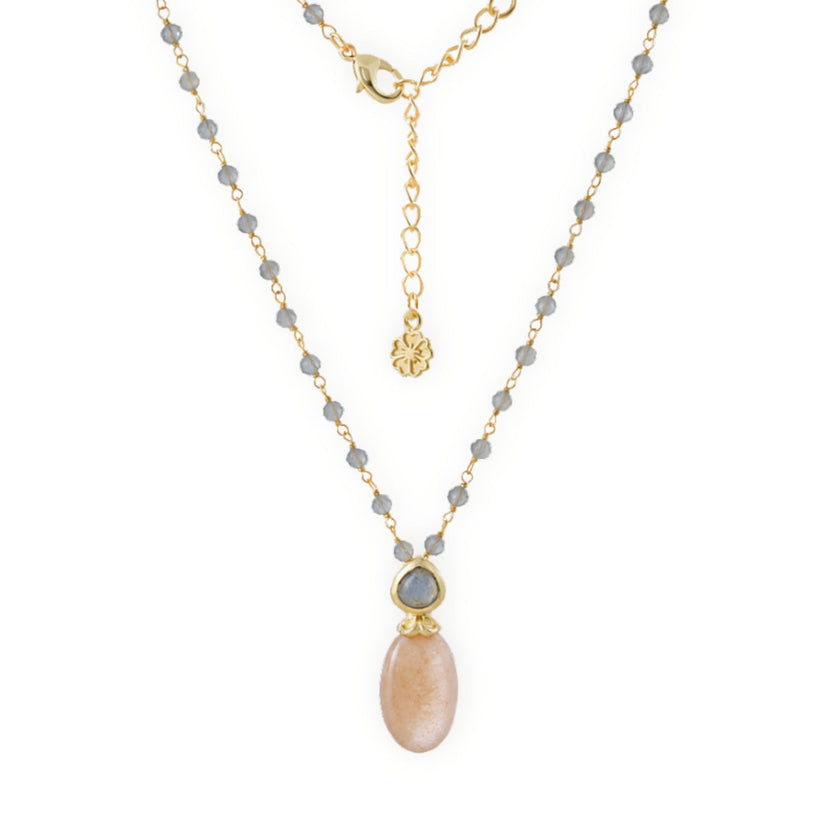 Persephone Double Gemstone Beaded Chain Necklace Peach Moonstone & Labradorite