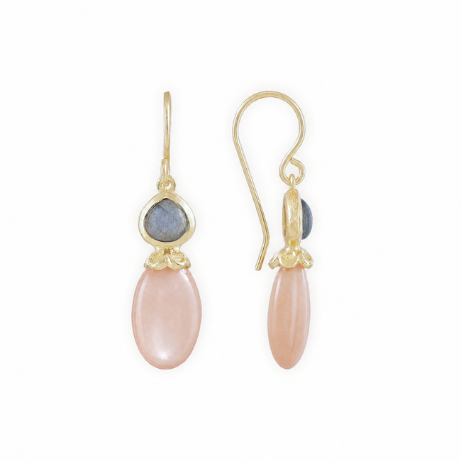 Persephone Double Gemstone Earrings Peach Moonstone & Labradorite