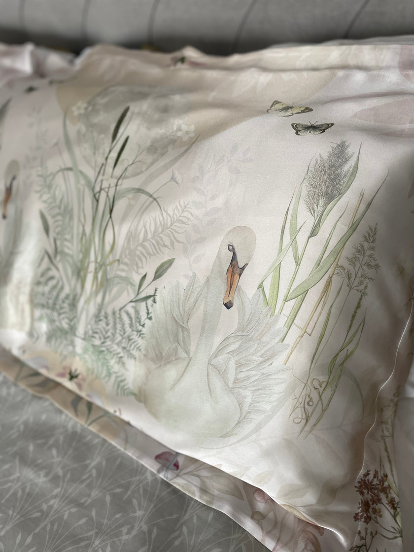 Cream and neutral Silk Pillowcase in hand painted 'Graceful' print, Standard size Oxford style Pillowcase