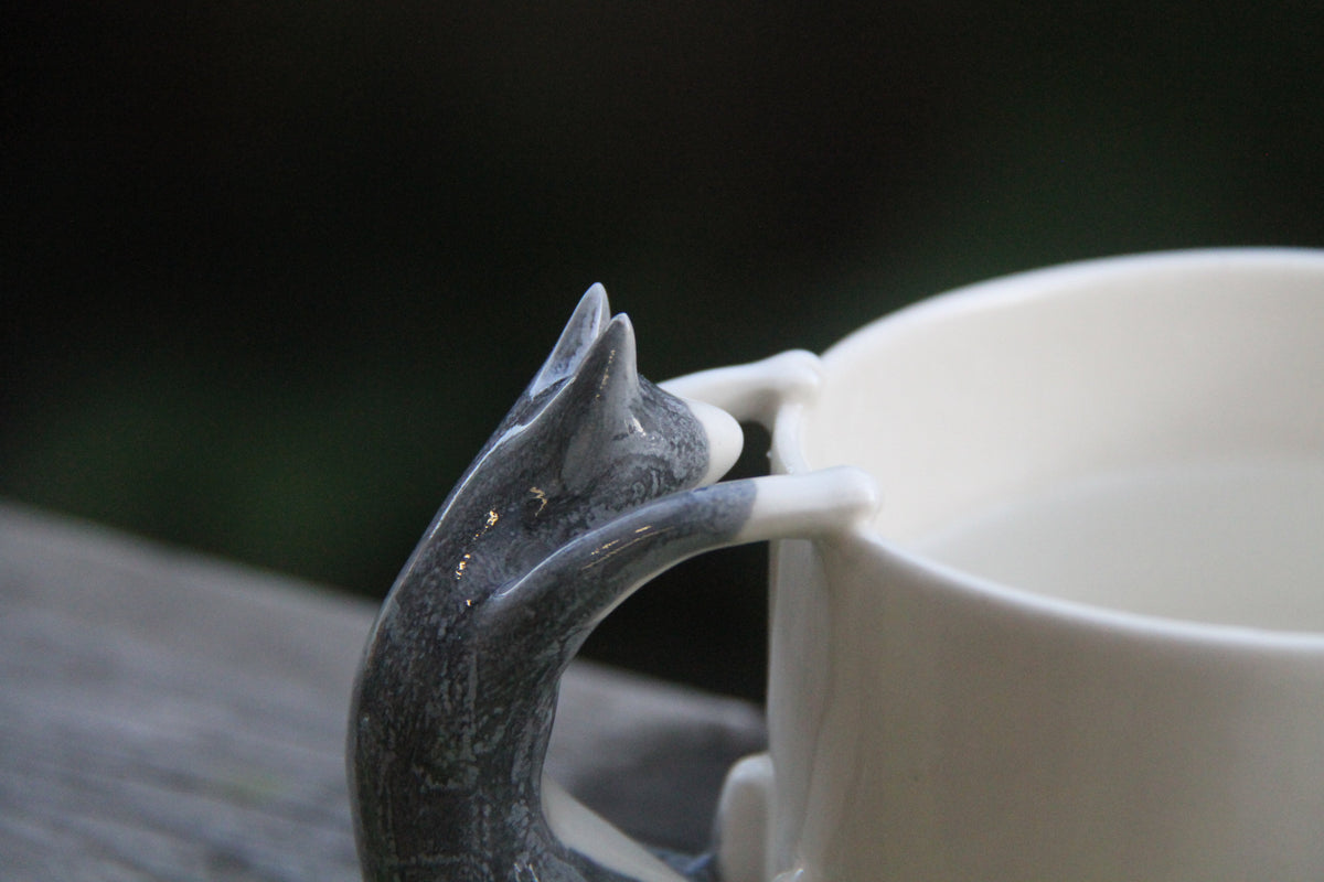Grey Blue Cat Handle Mug – Handcrafted Ceramic