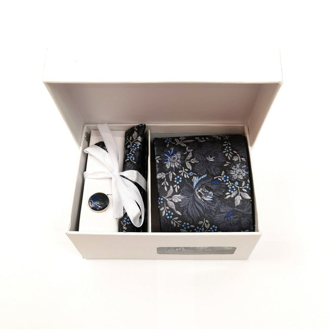 Grey Silver Floral Tie & Cufflinks Set