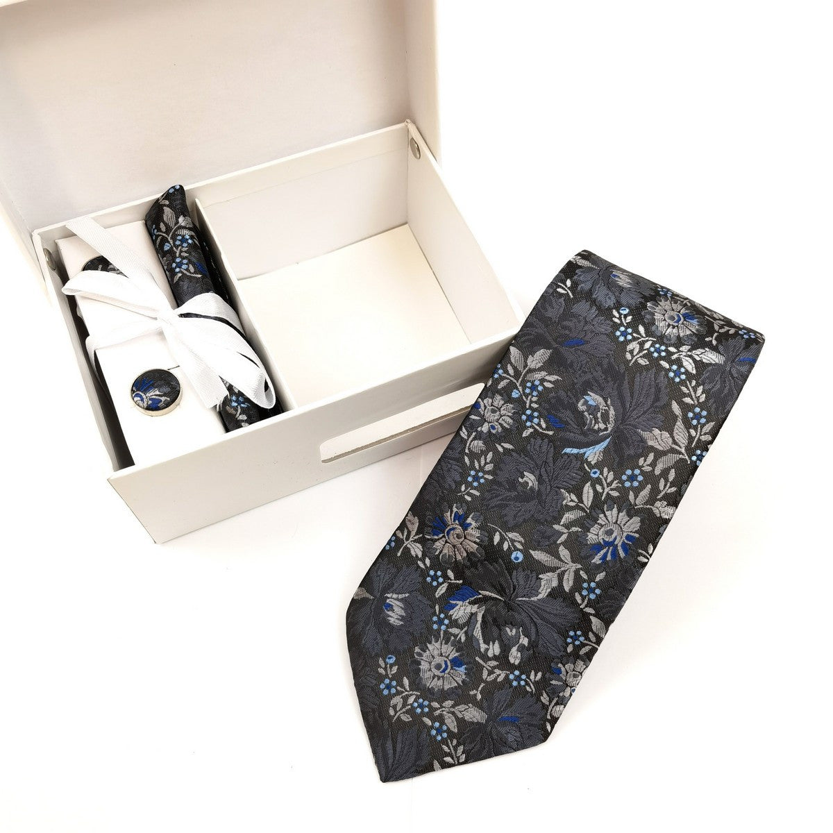 Grey Silver Floral Tie & Cufflinks Set
