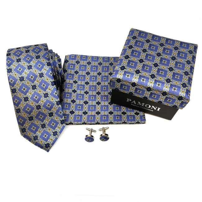 Blue And Grey Geometric Tie & Cufflinks Set