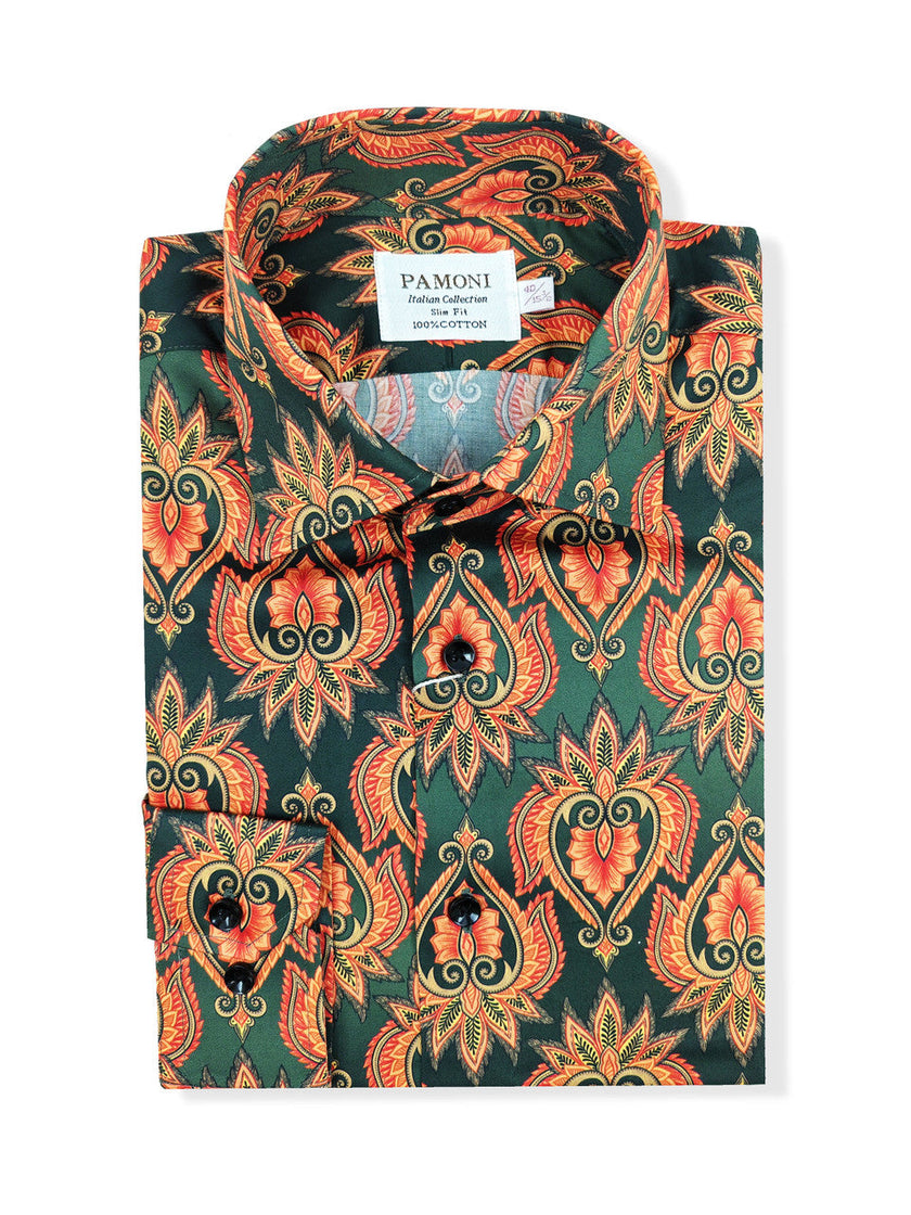 Men's Slim Fit Green Orange Patterned Shirt