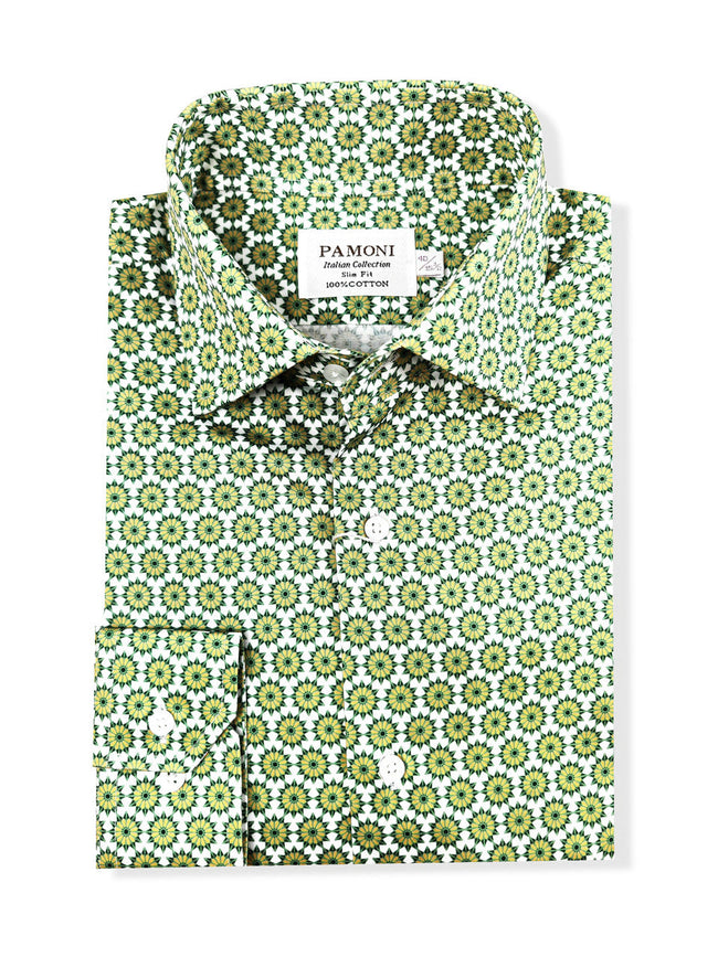 Green Geometric Print Slim Fit Cotton Shirt – Single Cuff