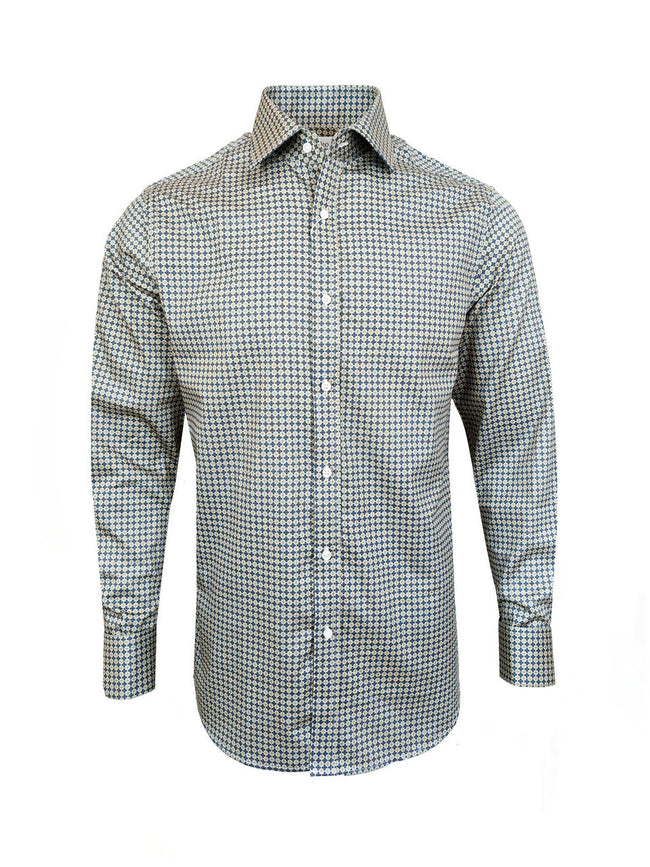 Men’s Beige & Navy Geometric Print Slim Fit Shirt – Double Cuffs, 100% Cotton