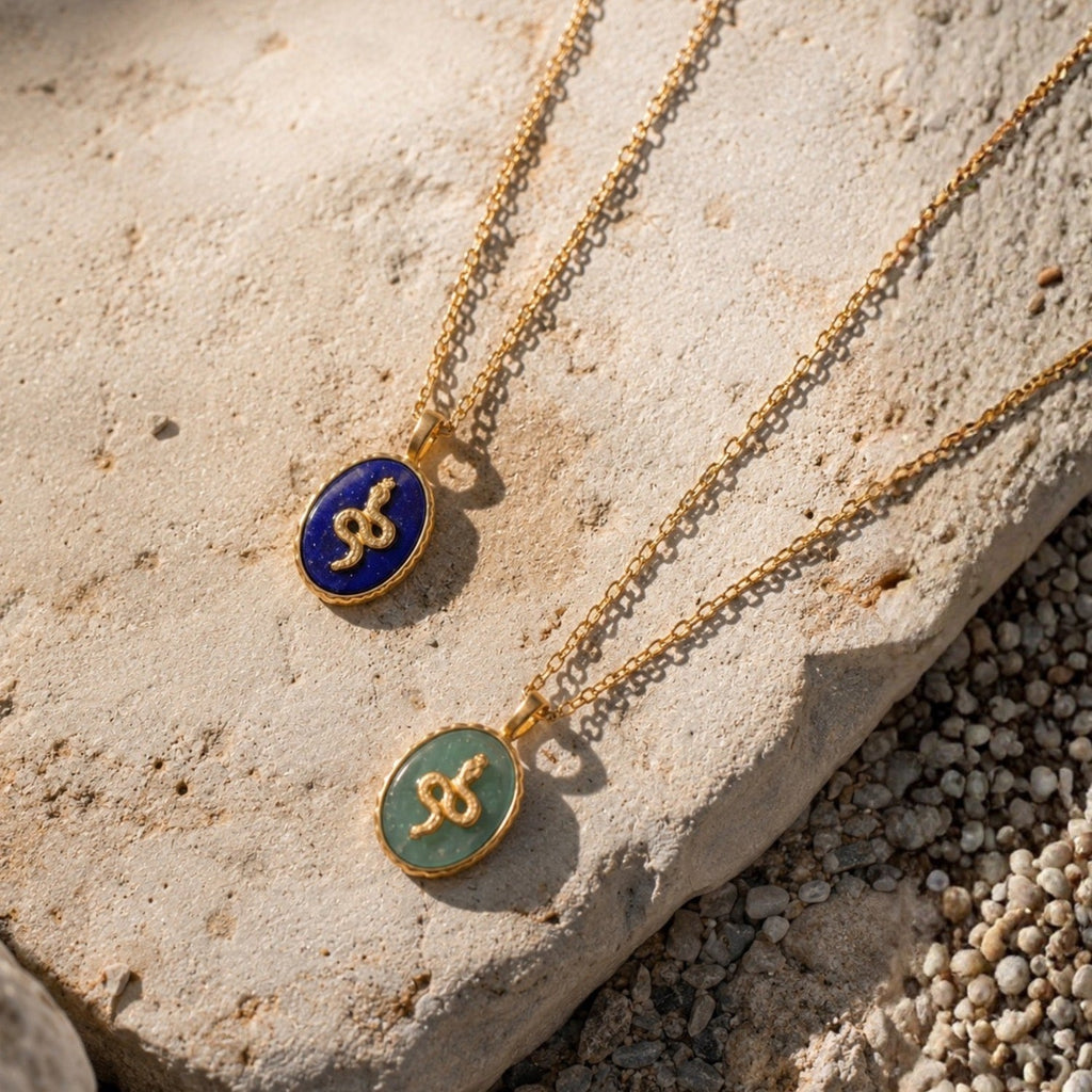 Medusa Gemstone and Snake Motif Pendant: Amazonite