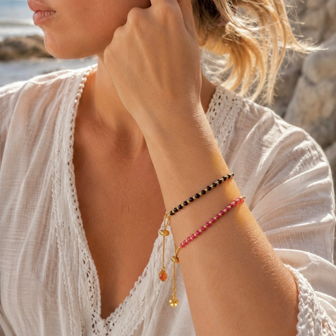 Athena Gem Beaded Adjustable Slider Bracelet Fuchsia Chalcedony