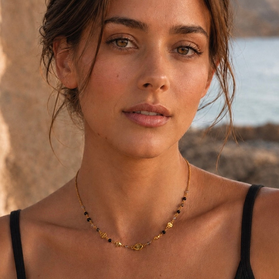 Sofia Nugget Necklace Black Onyx, Smoky Quartz & Labradorite