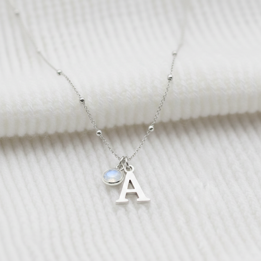 Initial Letter & Birthstone Charm Necklace