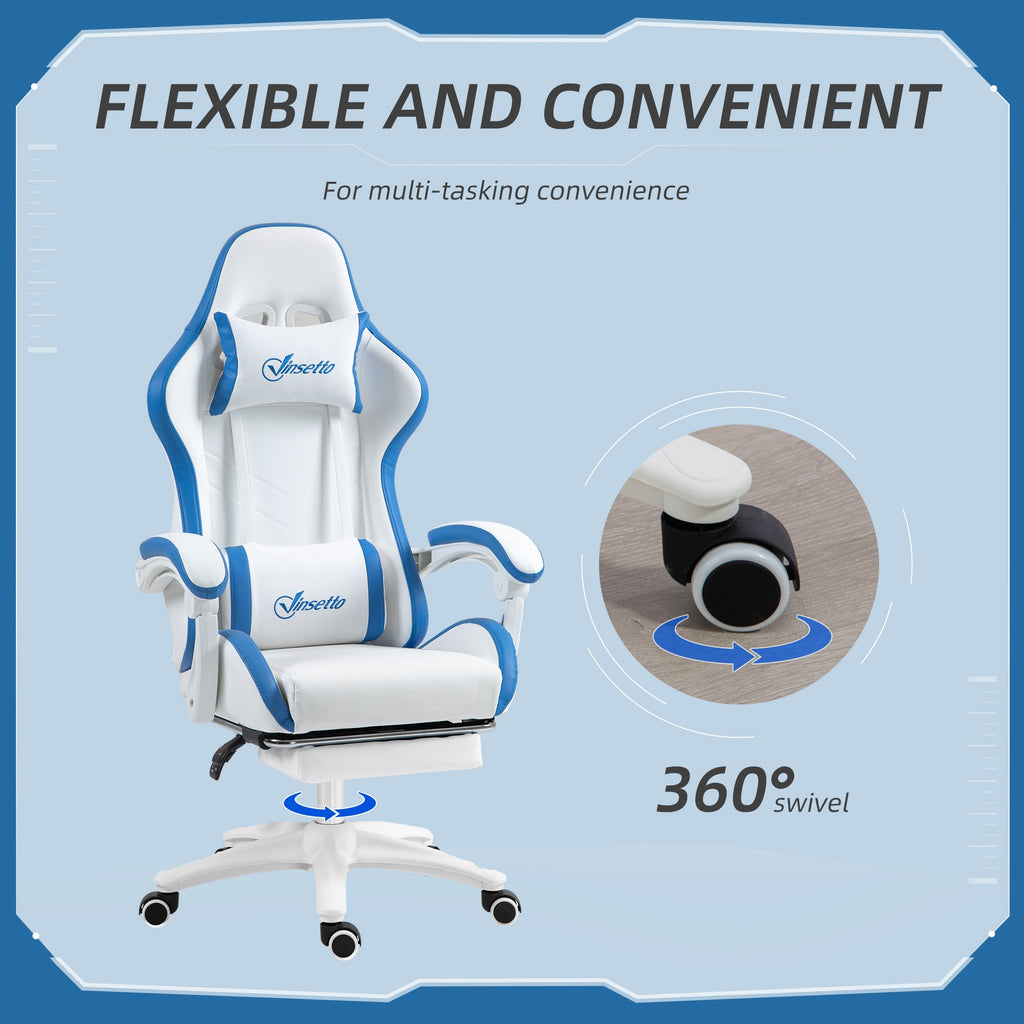 Vinsetto Computer Gaming Chair, PU Leather Desk Chair with Footrest, Swivel Task Chair with 135\'c2\'b0 Reclining Back and Lumbar Support, PC Chair for Adults, White and Blue