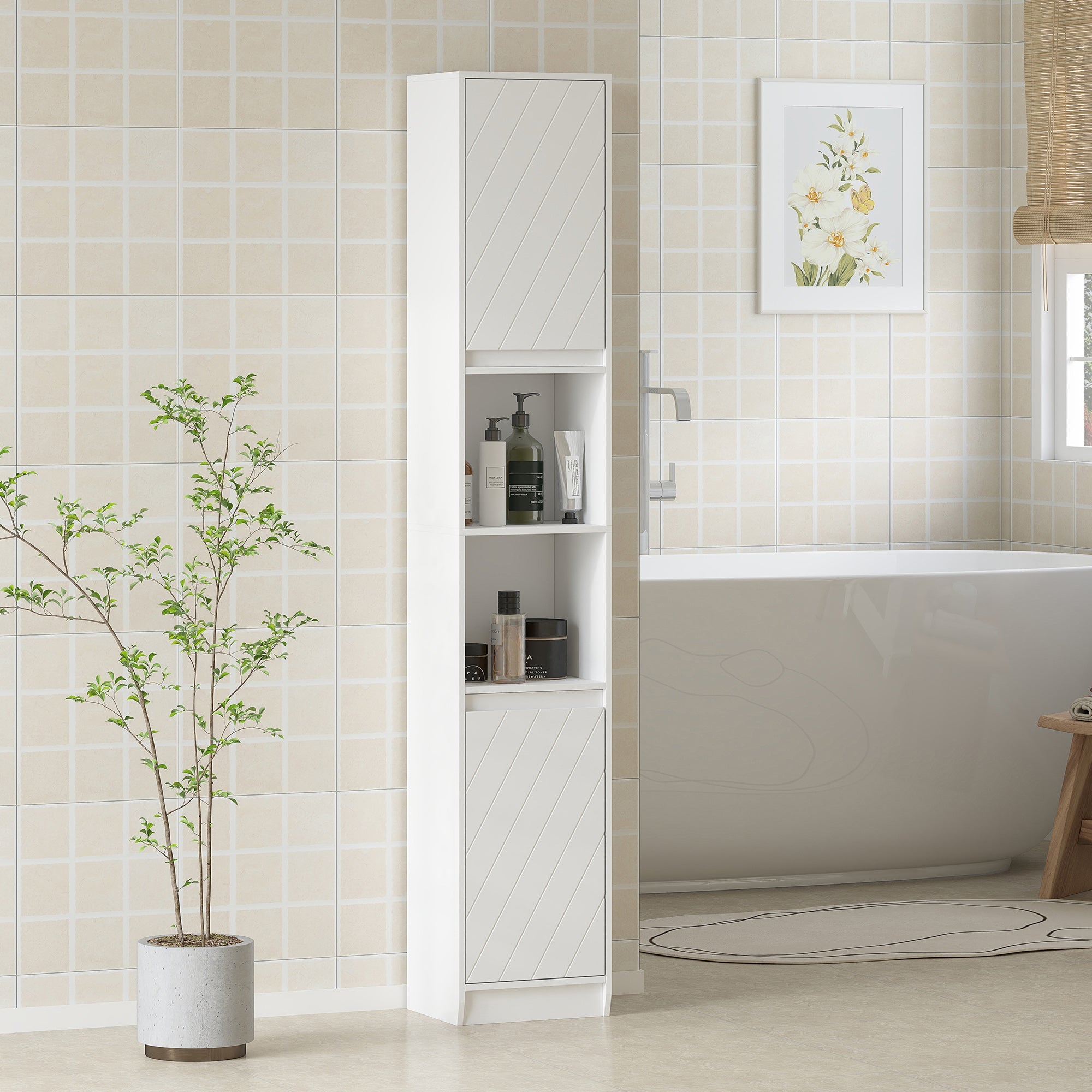 HOMCOM Narrow Bathroom Cabinet, Slim Bathroom Storage Unit with Open Compartment, Freestanding Storage Cupboard with Adjustable Shelves for Small Spaces, 30 x 24 x 170 cm, White
