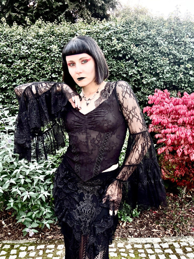 Dark in Love Zuri Gothic Romantic Lace Patchwork Bell-Sleeve Layered Cuff Top
