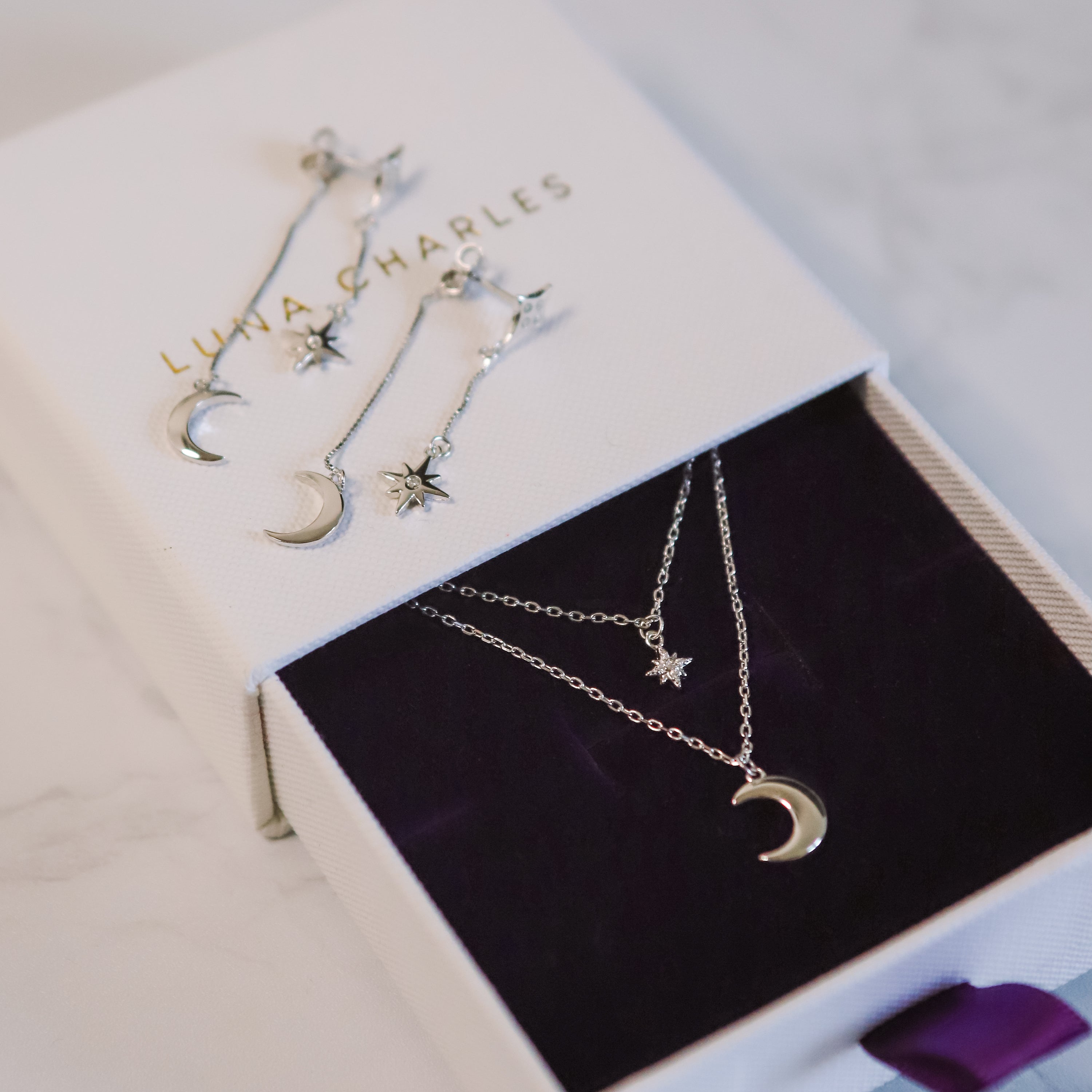 Karita Moon & Star Double Chain Earrings | 925 Sterling Silver