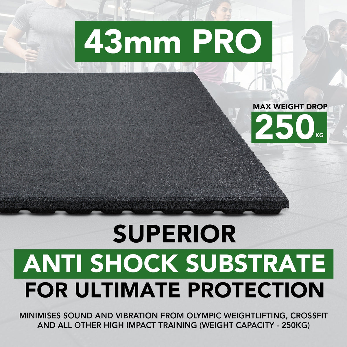 Baldosas de suelo de gimnasio de goma antichoque PRO de 43 mm