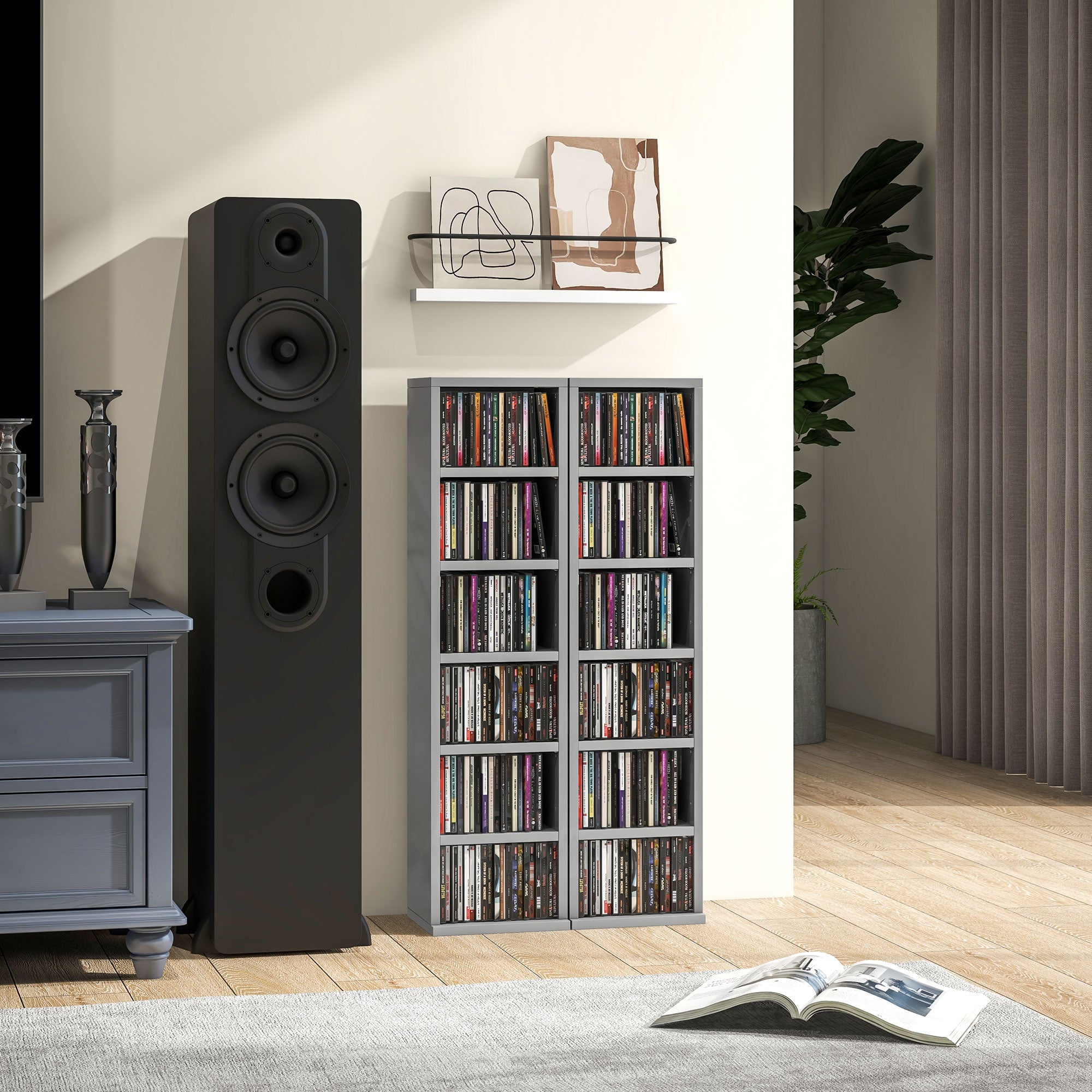 HOMCOM Set of 2 CD Media Display Shelf Unit Tower Rack with Adjustable Shelves, High Gloss Grey