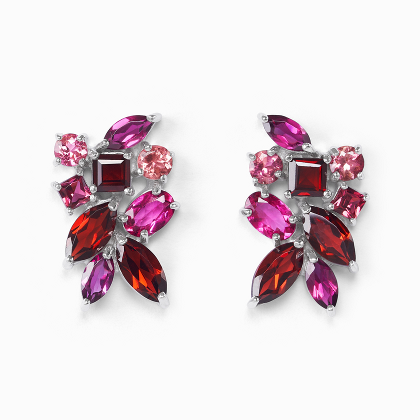 Large Red Gemstone Cluster Earrings in Sterling Silver
