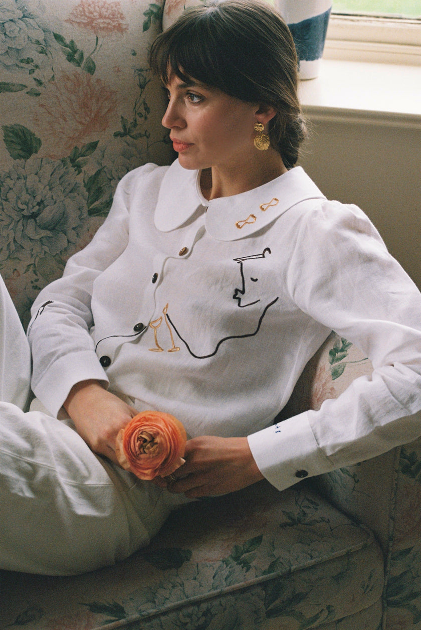 Eat Together Embroidered Claudine Linen Blouse - White  x Sshepaints