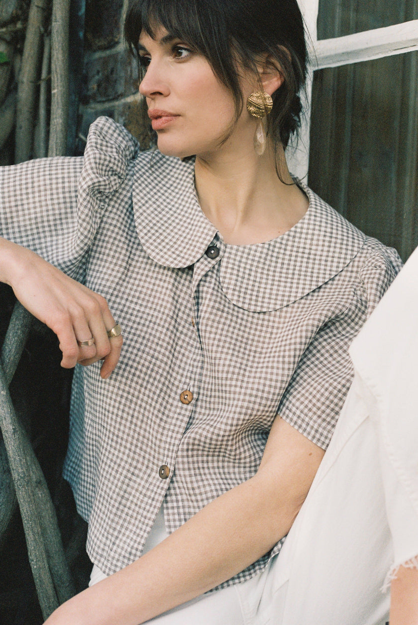 Frances Linen Cropped Blouse  - Fawn Gingham - size S and L on pre-order for end of September delivery