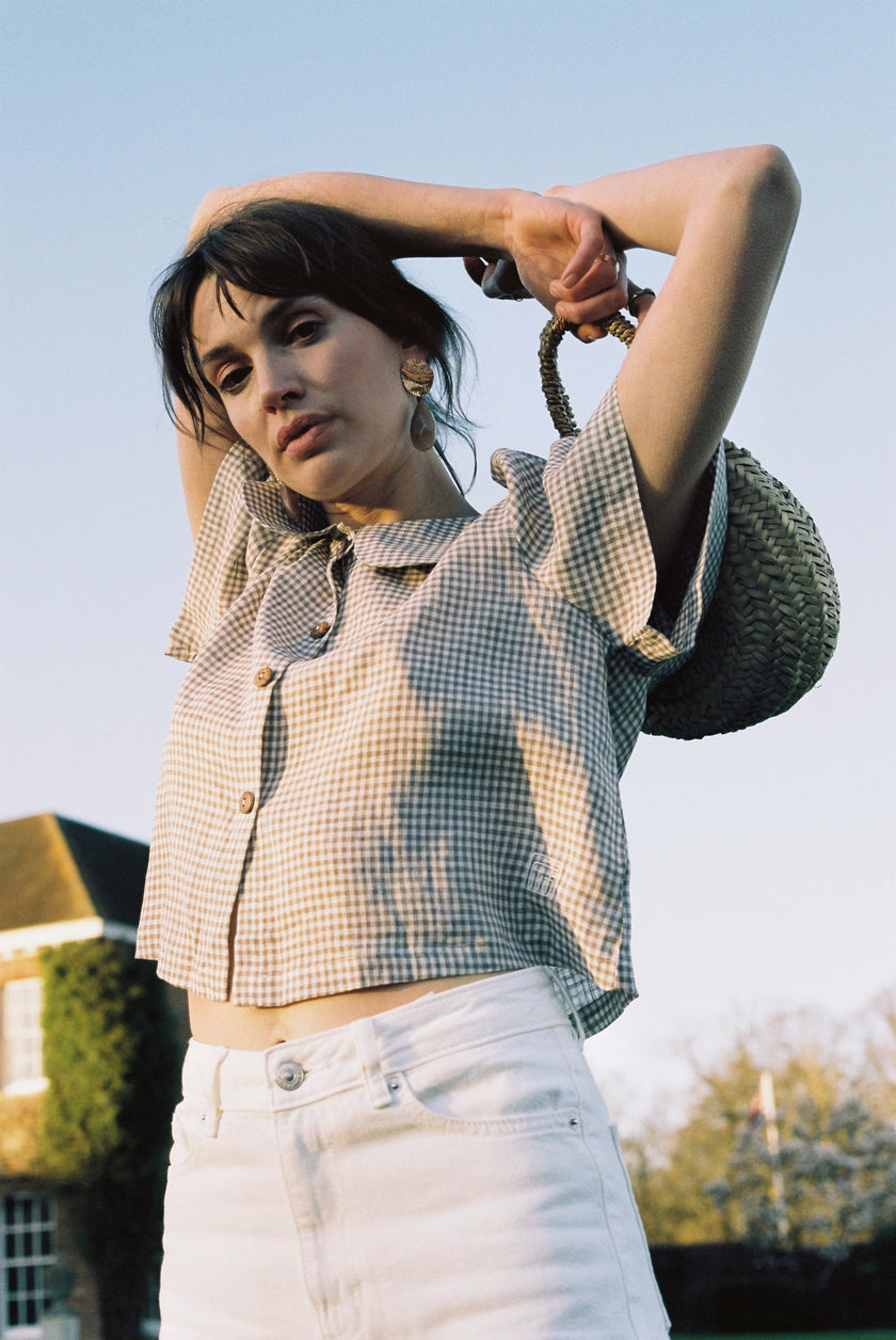 Frances Linen Cropped Blouse  - Fawn Gingham - size S and L on pre-order for end of September delivery