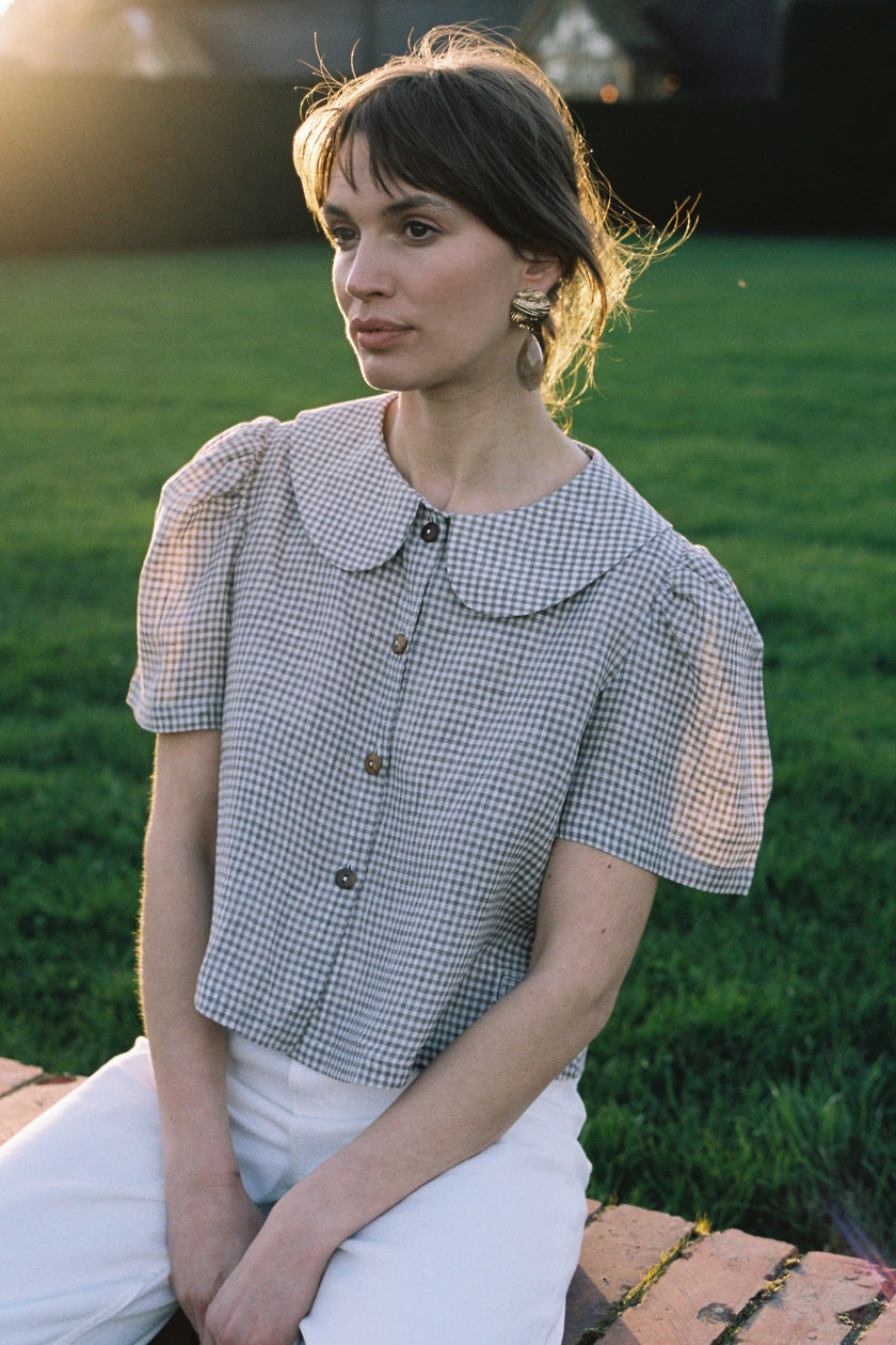 Frances Linen Cropped Blouse  - Fawn Gingham - size S and L on pre-order for end of September delivery