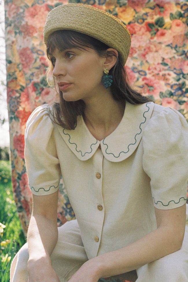 Frances Linen Cropped Blouse with Embroidered Trims - Natural - Pre order for End of September Delivery