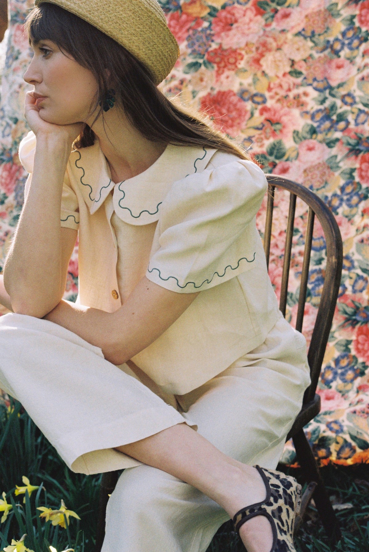 Frances Linen Cropped Blouse with Embroidered Trims - Natural - Pre order for End of September Delivery