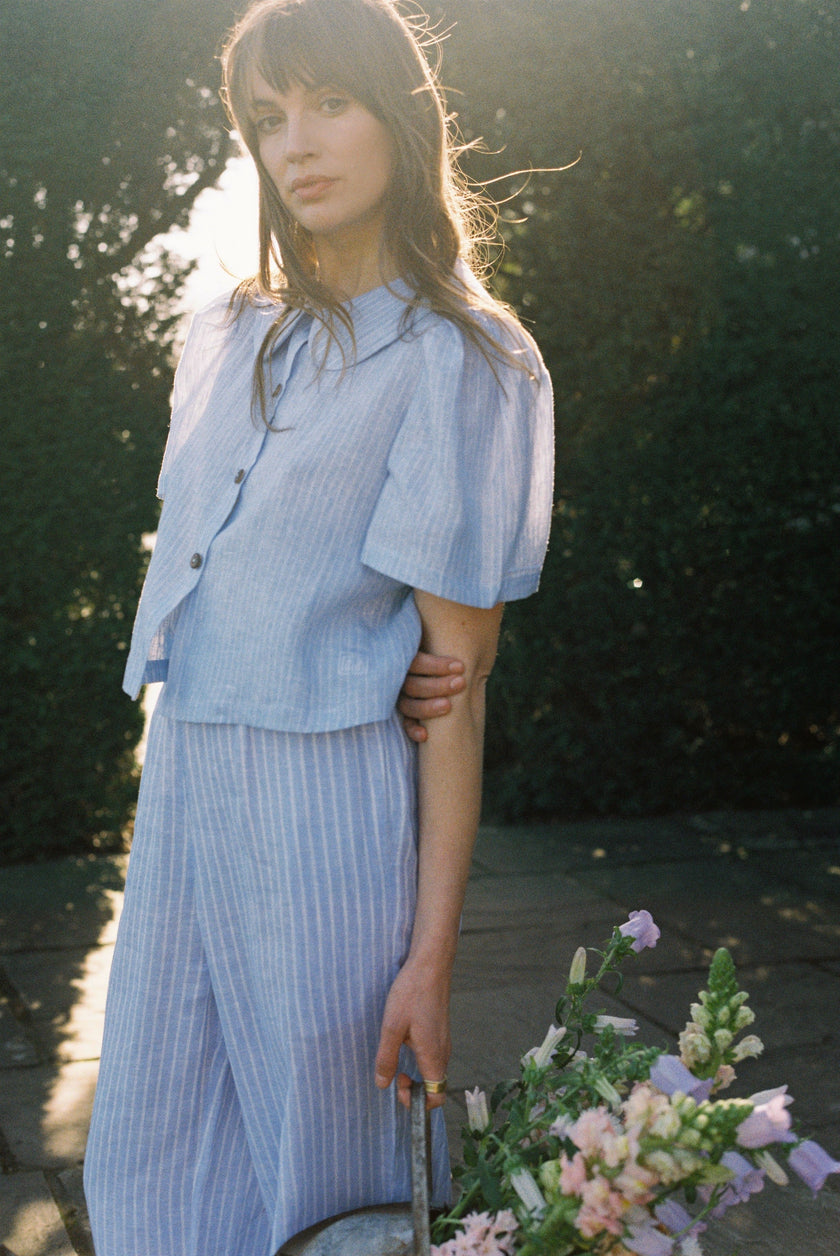 Frances Linen Cropped Blouse  - Sky Blue Stripe