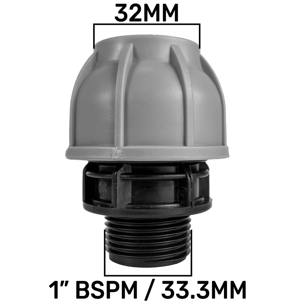 1” BSP Water Butt Fitting with Full Flow PP Valve and 32mm MDPE Fitting