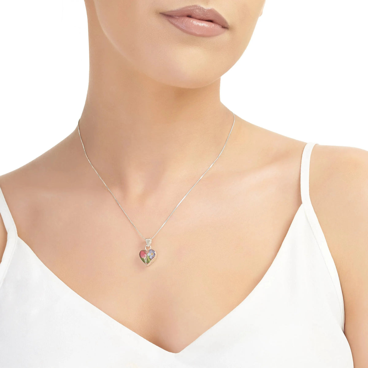Forget me not & Miniature Rose Heart Pendant Necklace