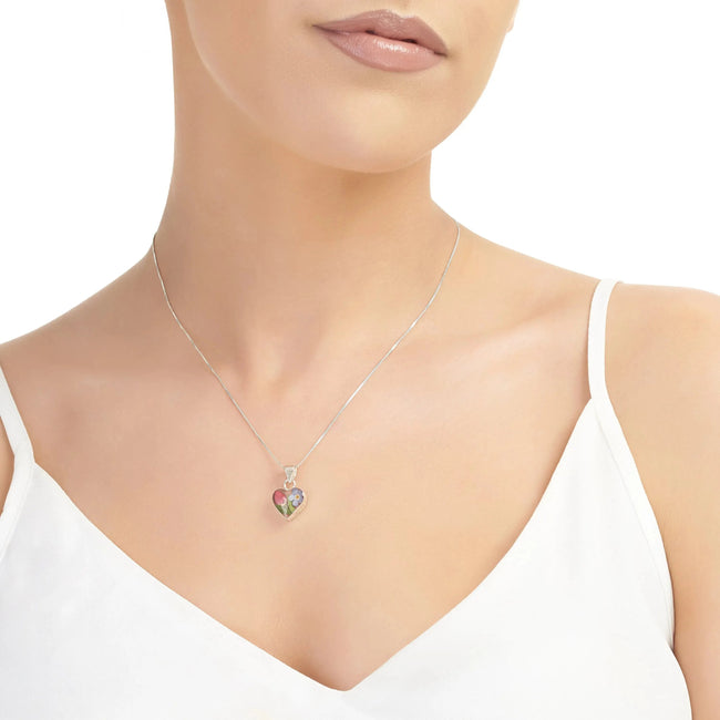 Forget me not & Miniature Rose Heart Pendant Necklace