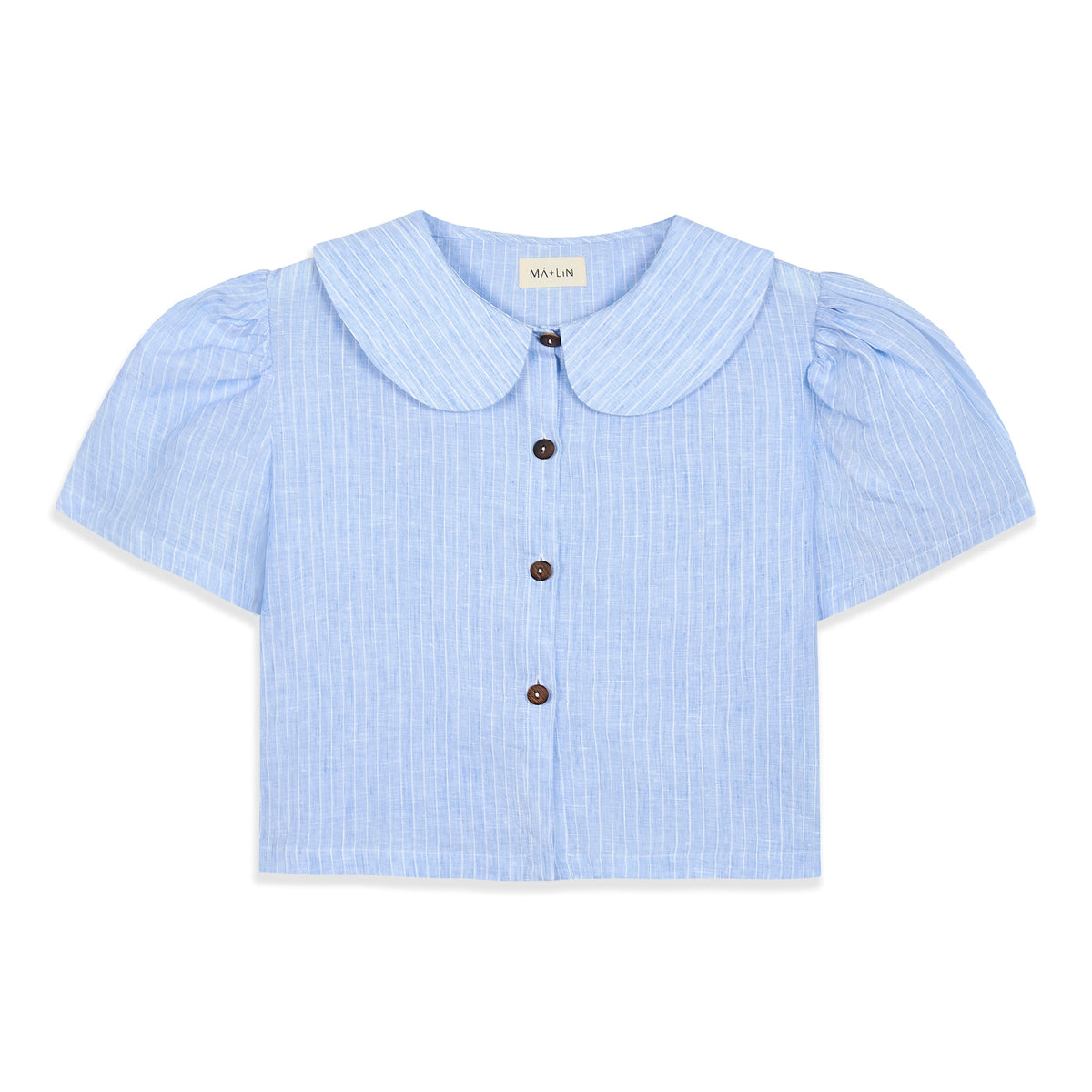 Frances Linen Cropped Blouse  - Sky Blue Stripe