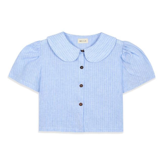 Frances Linen Cropped Blouse  - Sky Blue Stripe