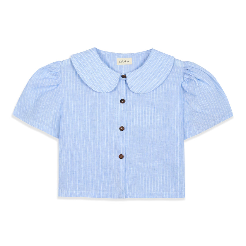 Frances Linen Cropped Blouse  - Sky Blue Stripe