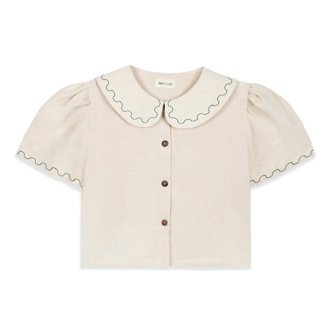 Frances Linen Cropped Blouse with Embroidered Trims - Natural - Pre order for End of September Delivery