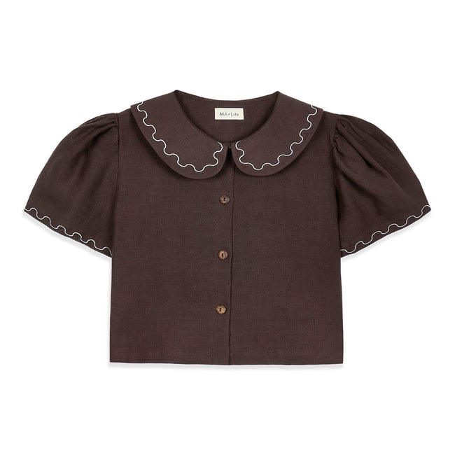 Frances Linen Cropped Blouse with Embroidered Trims  - Chocolate