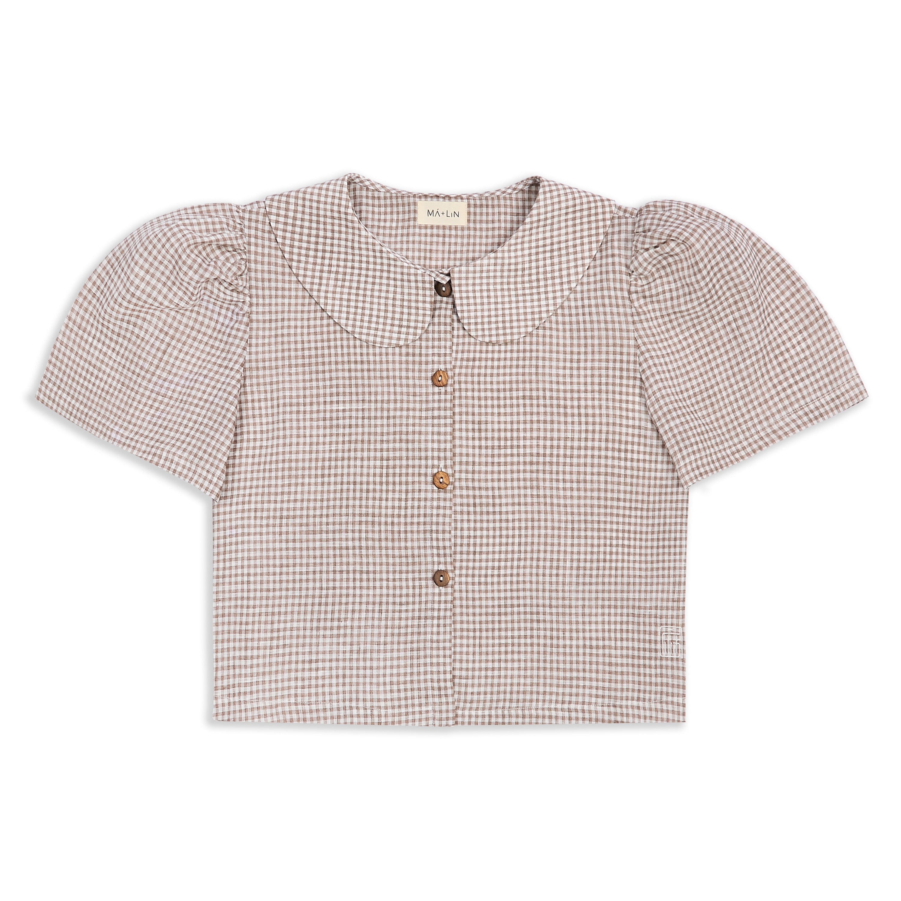 Frances Linen Cropped Blouse  - Fawn Gingham - size S and L on pre-order for end of September delivery