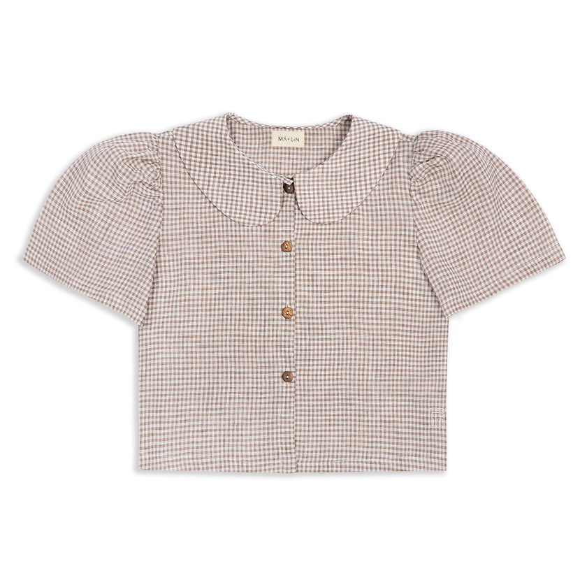 Frances Linen Cropped Blouse  - Fawn Gingham - size S and L on pre-order for end of September delivery