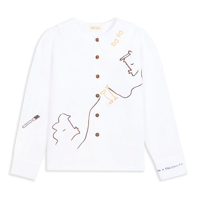 Eat Together Embroidered Claudine Linen Blouse - White  x Sshepaints