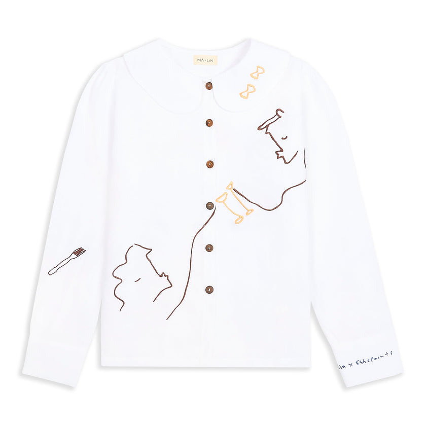Eat Together Embroidered Claudine Linen Blouse - White  x Sshepaints
