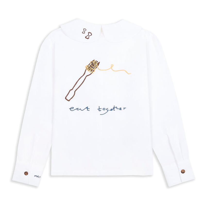 Eat Together Embroidered Claudine Linen Blouse - White  x Sshepaints