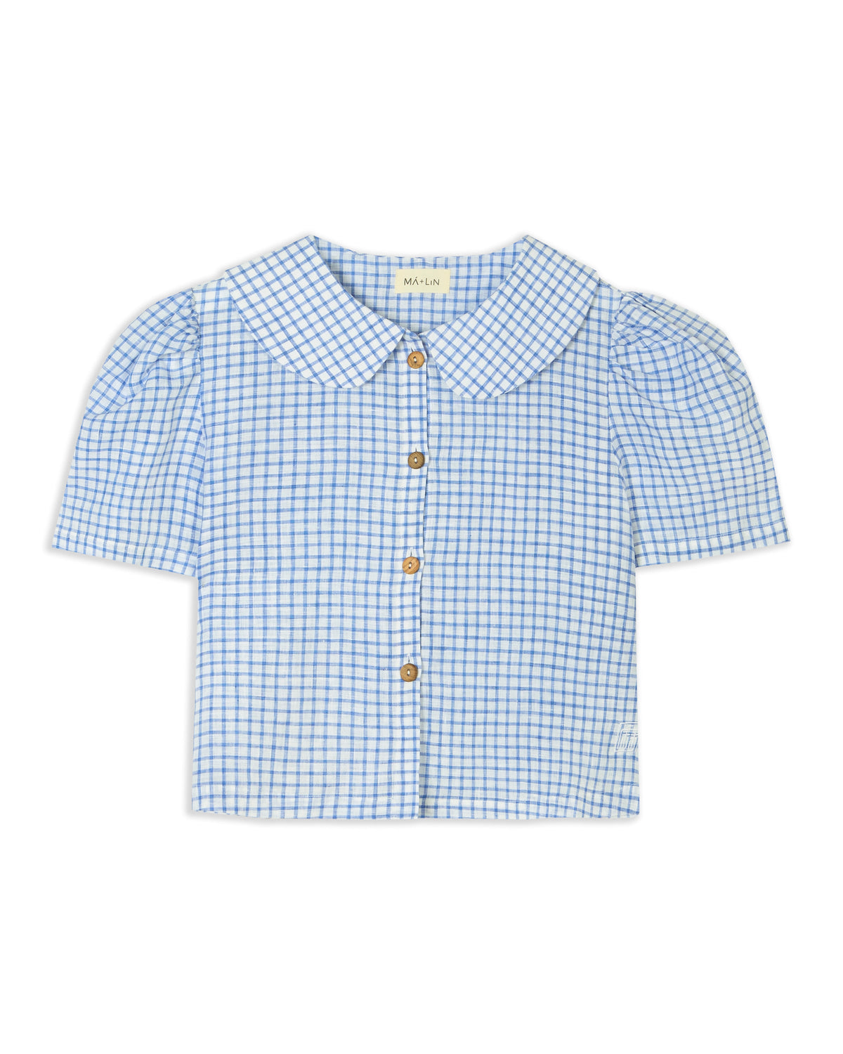 Frances Linen Cropped Blouse  - Royal Blue Gingham