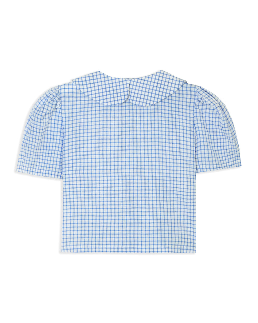 Frances Linen Cropped Blouse  - Royal Blue Gingham