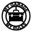 My Garage My Rules Round Metal Sign – 30cm | Gloss Black Steel