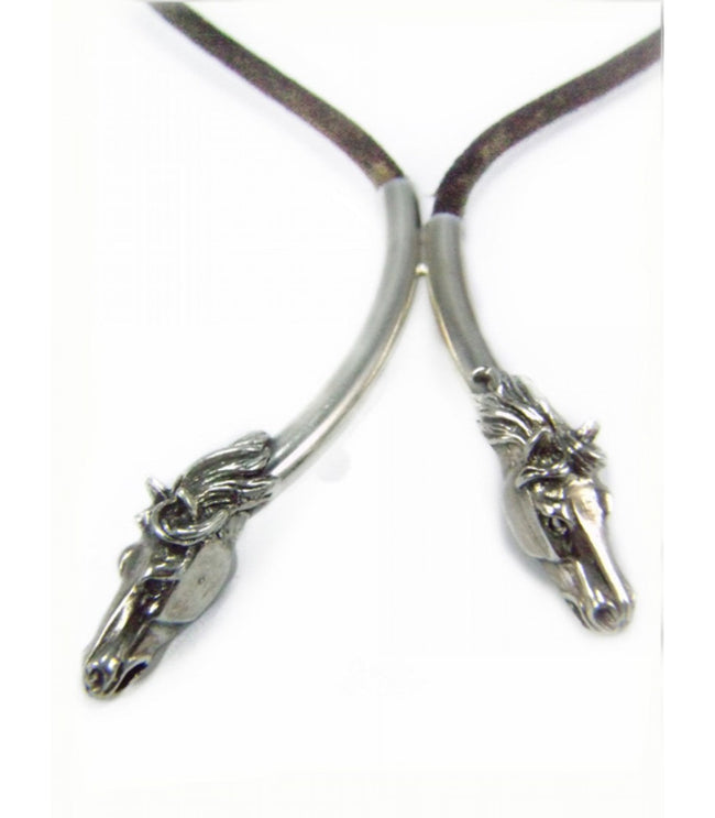 Silver Steed Two Horse Heads with Leather Cord Necklace