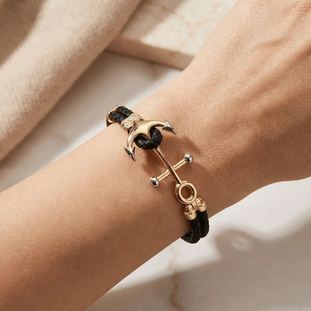 Majestic Nautical Anchor 14K Gold Bracelet with Double Braided Band