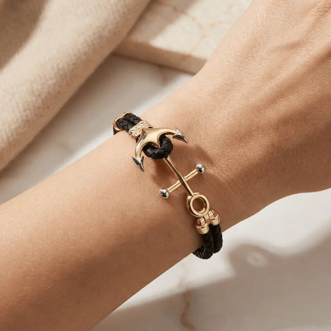 14ct/14K Gold Detail Bracelet – Nautical Anchor with Double Braided
