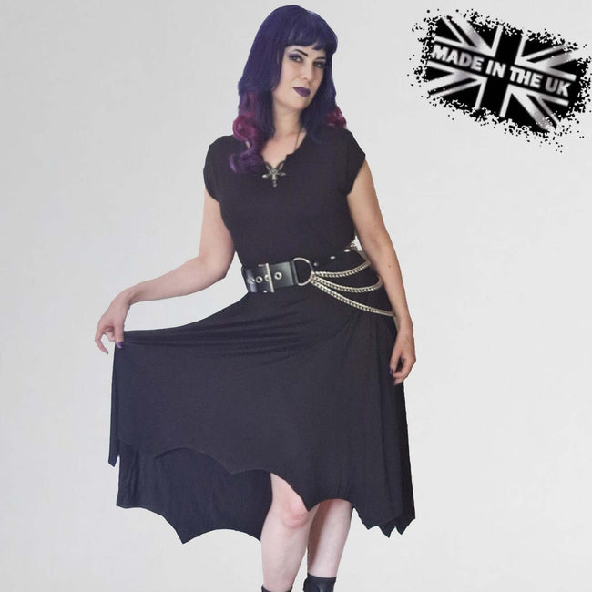 Necessary Evil Evaki Gothic Hi-Low Dress - Bat Wing Hem with Pockets UK Made