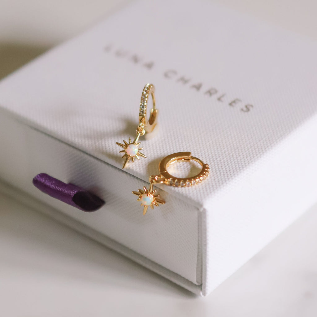 Neve Opal Star Huggie Hoop Earrings | 14K Gold Plated